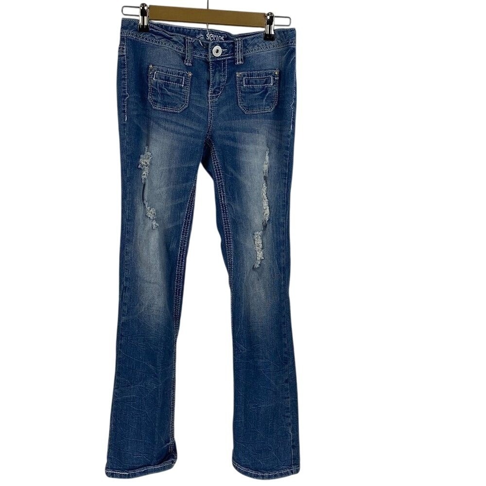 Series 31 Womens Distressed Bootcut Jeans Medium Wash Low Rise Size 5 Short Sexy